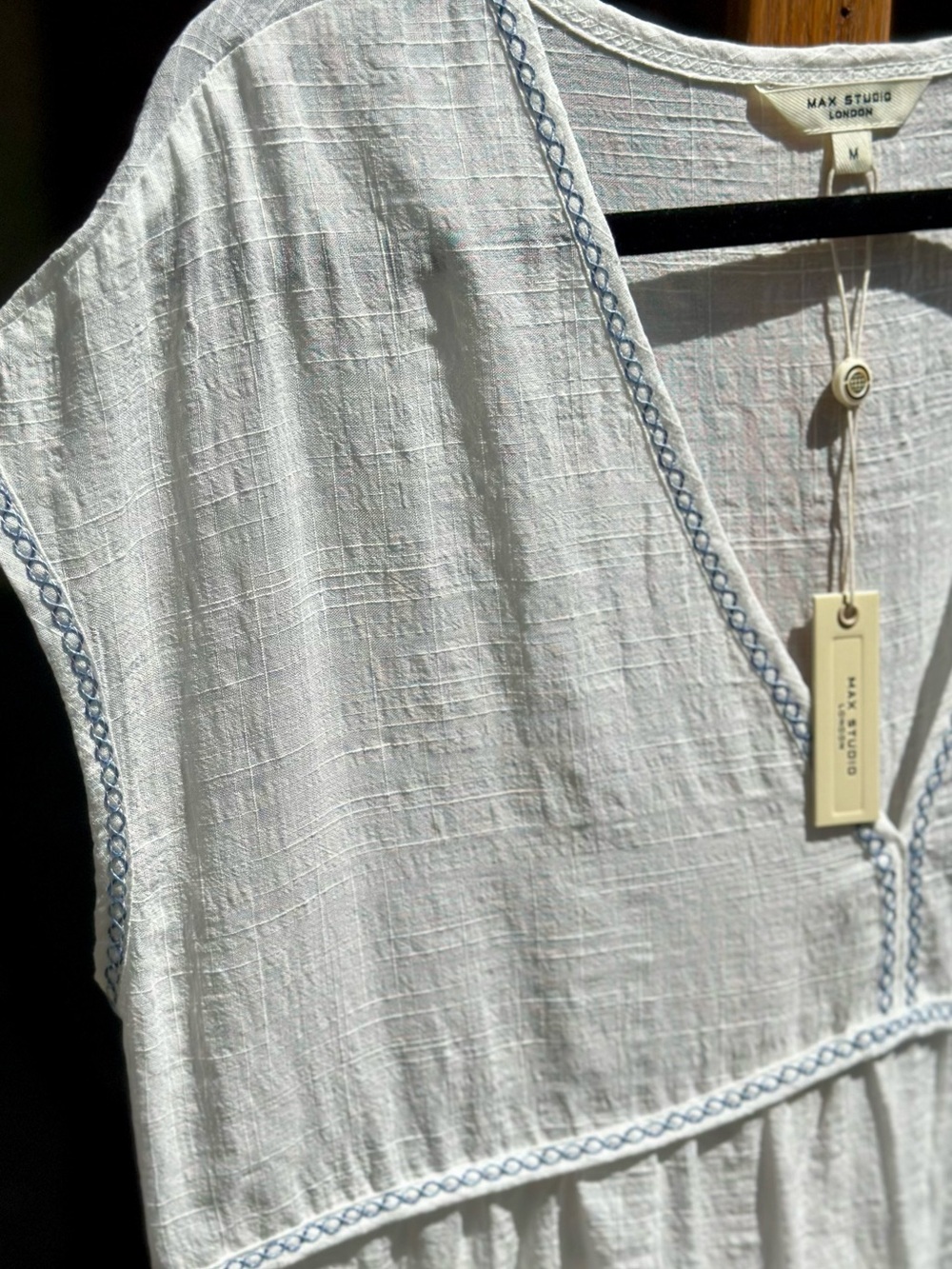 Max Studio White Tunic with Blue Floral Embroidery and Decorative Stitching NWT - Picture 3 of 11